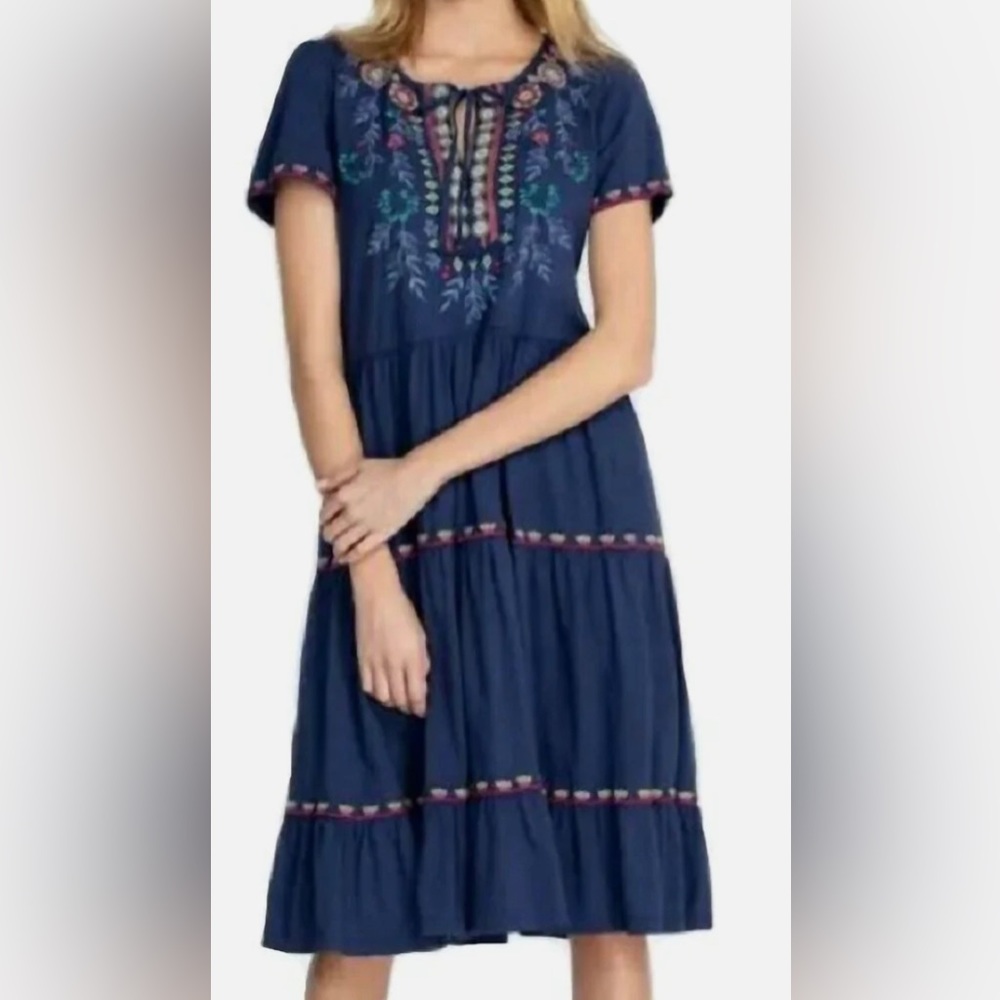 JOHNNY WAS sicilia tiered knit dress in navy